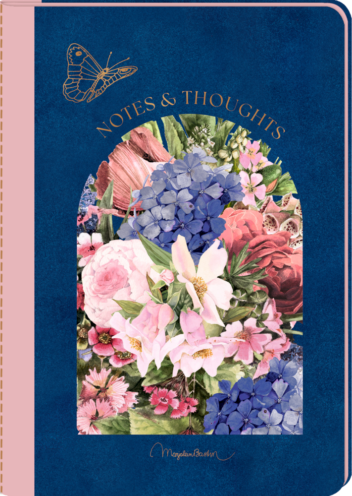 Notizbuch mit dunkelblauem Einband, floraler Illustration in Rosa, Blau und Grün sowie goldener Aufschrift „Notes & Thoughts“.
