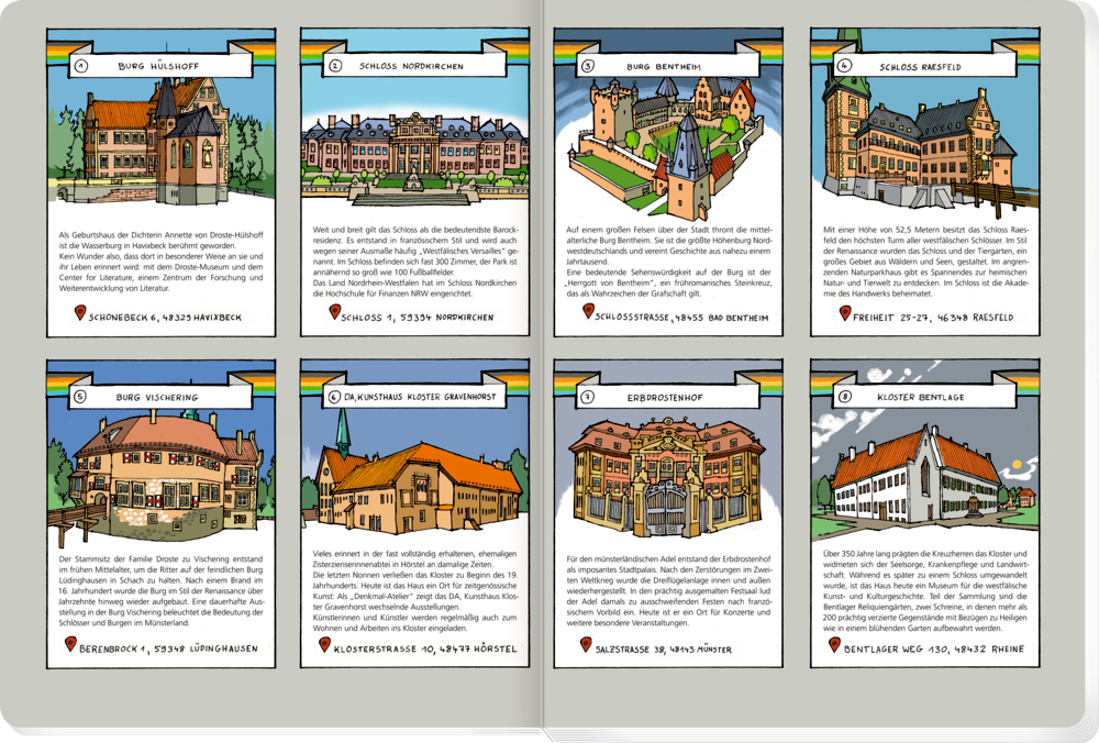 Wimmelbuchseite mit 8 illustrierten historischen Gebäuden, jeweils mit Beschreibungen und Standorten.
