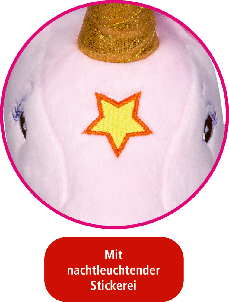 Detail eines rosa Plüscheinhorns mit goldenem Horn und gelb-oranger Sternstickerei auf der Stirn.