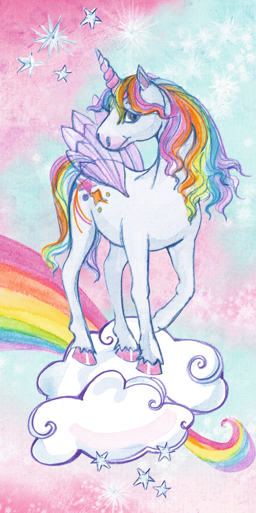 Rechteckiger Gegenstand mit einem Einhorn mit Regenbogenmähne, das auf einer Wolke unter pastellfarbenem Himmel steht.