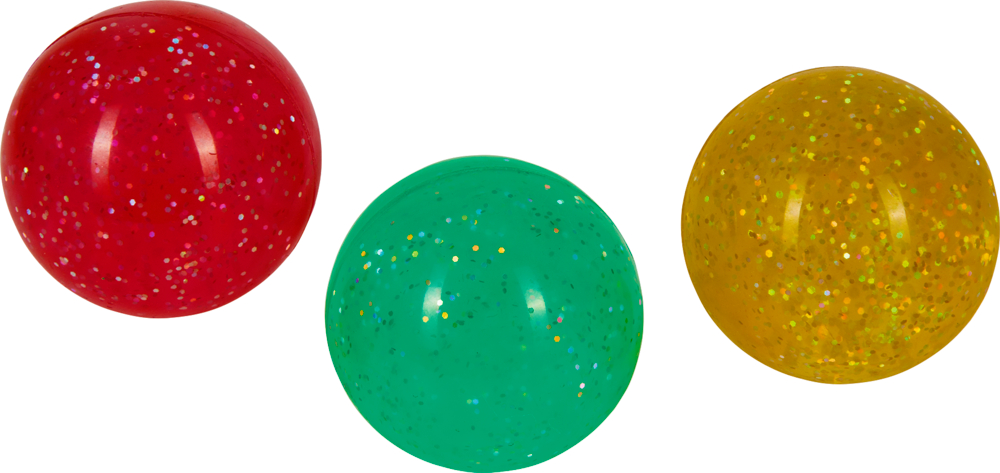 Drei glitzernde Flummis – rot, grün und gelb – liegen auf einem weißen Hintergrund.