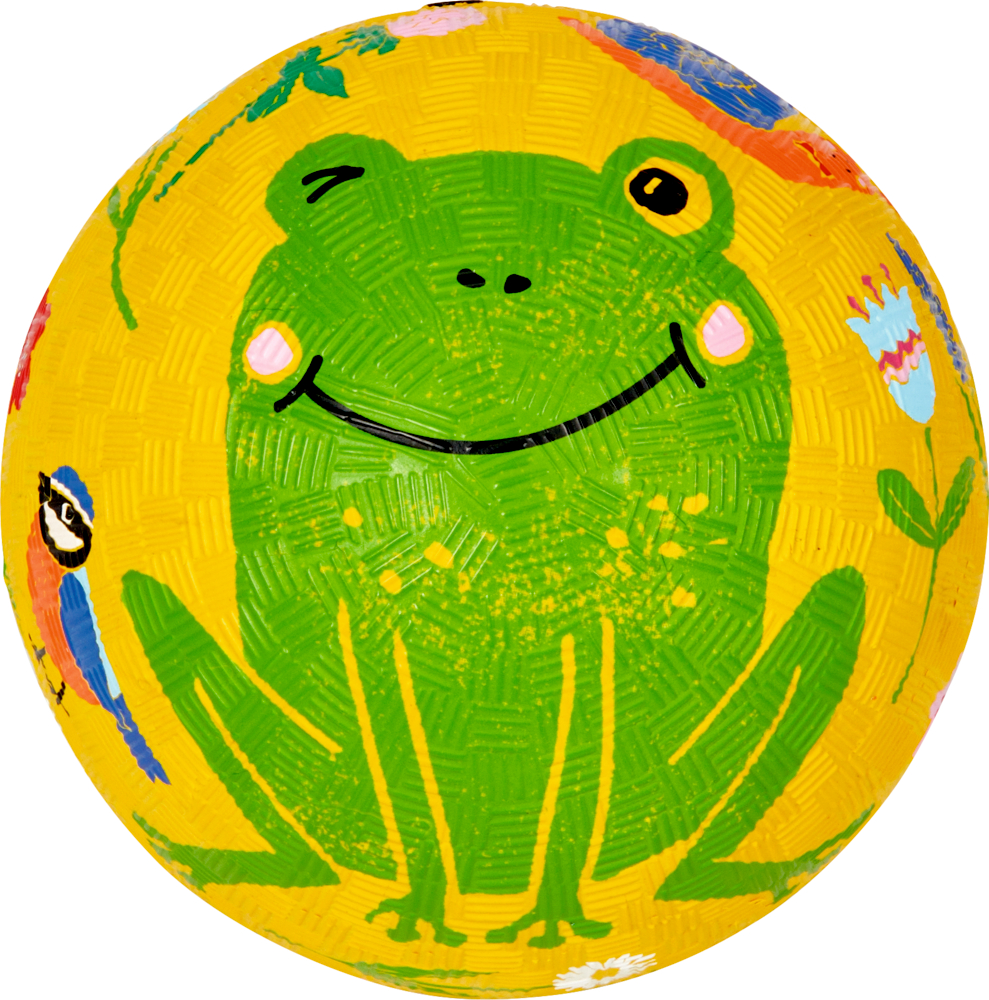 Gelber Ball mit einem lächelnden grünen Frosch, umgeben von bunten Blumen und Vögeln.