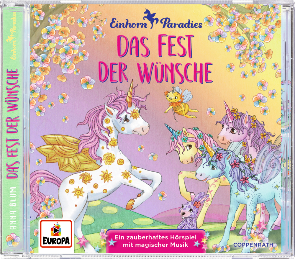 Drei bunte Einhörner und eine Fee stehen auf einer zauberhaften Wiese mit Blumen und Blasen auf rosa Hintergrund.