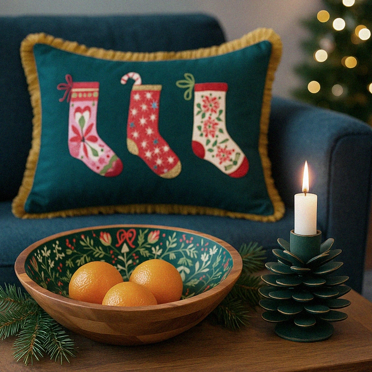 Weihnachtliches Arrangement mit Zapfenkerzenständer, Schale mit Orangen und Kissen.