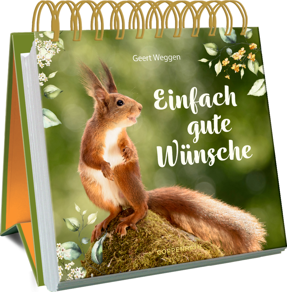 Spiralgebundenes Buch mit einem Eichhörnchen auf dem Cover und dem Titel „Einfach gute Wünsche“.
