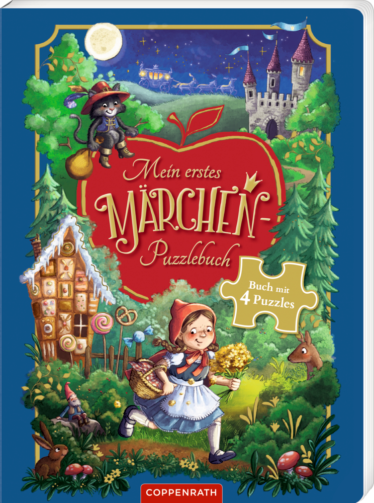 Buchcover mit Märchenmotiven, darunter ein Mädchen mit rotem Umhang, ein Schloss, ein Kater und ein Lebkuchenhaus.