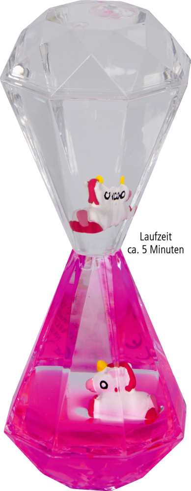 Diamantförmige, transparente Sanduhr mit pinkem Flüssigkeitsbereich und zwei kleinen Einhornfiguren innen. Hinweistext "Laufzeit ca. 5 Minuten".