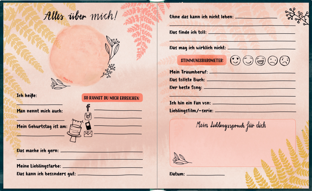 Pastellfarbene Innenansicht eines Freundebuchs mit Blumen- und Farn-Illustrationen gestaltet, zum Ausfüllen.