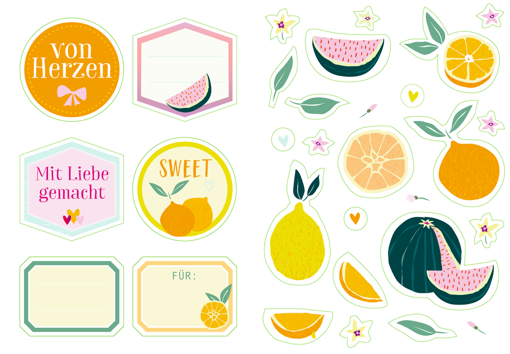 Bunte Obst- und Etikettenaufkleber: Wassermelone, Orange, Zitrone und deutscher Text mit dekorativen Akzenten.