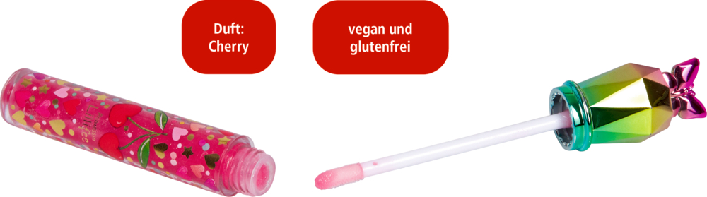 Pinker Lipgloss mit Herz- und Kirschmotiven, geöffnet mit Applikator und mehrfarbigem glänzenden Deckel. Text im Bild: „Duft: Cherry“, „vegan und glutenfrei“.