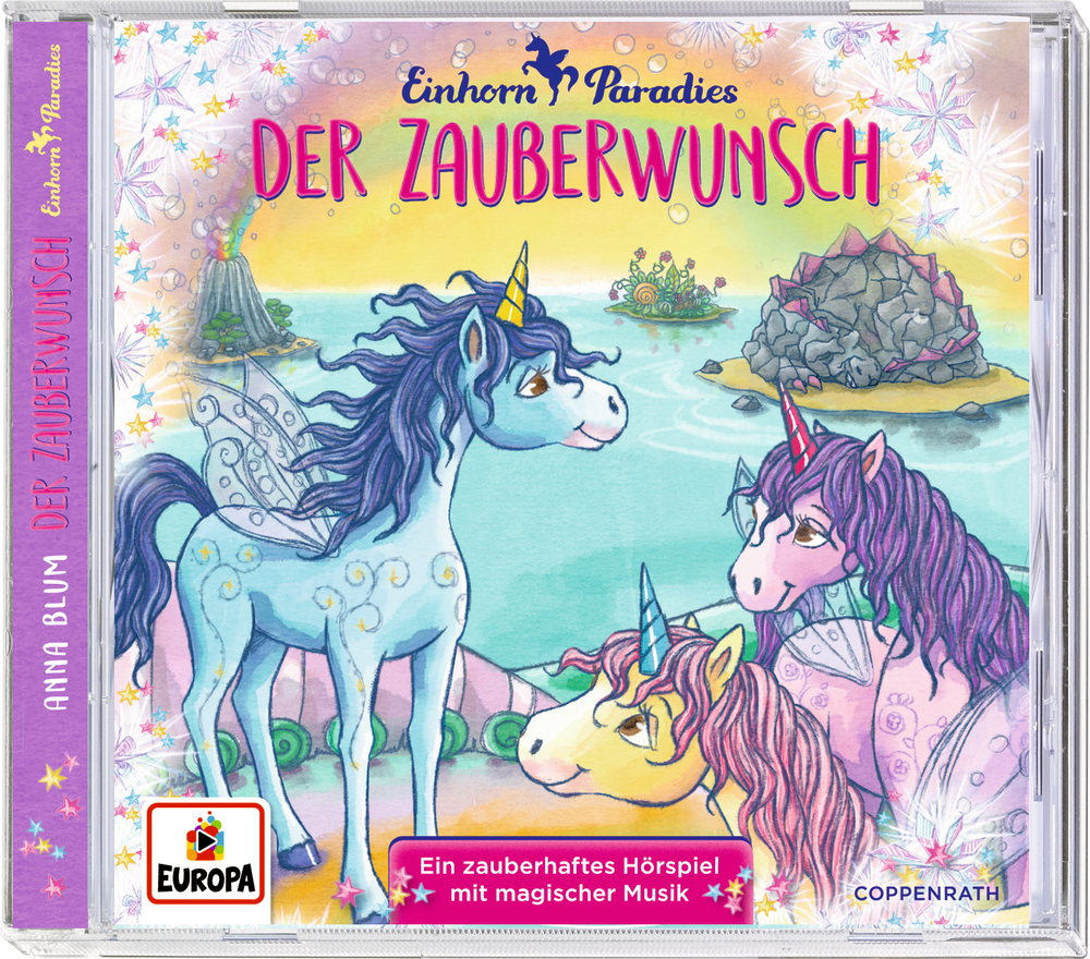 Drei bunte Einhörner stehen an einem See mit Bergen und Bäumen im Hintergrund unter einem sternenklaren Nachthimmel.