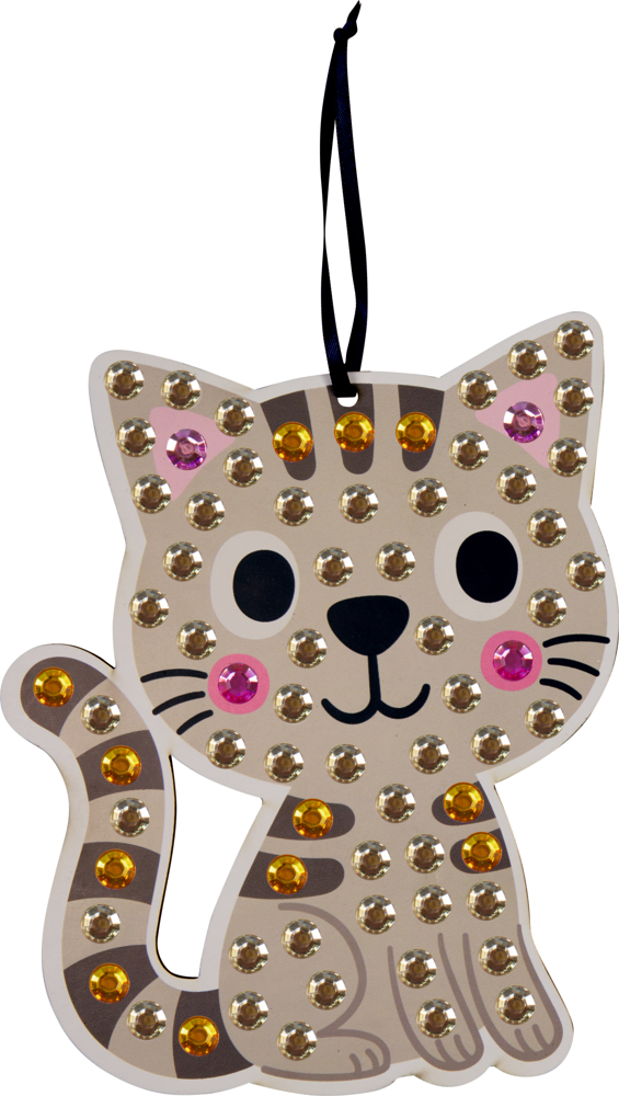 Cartoon Katze Anhänger mit goldenen, orangefarbenen und pinken Strasssteinen, hängt an einem schwarzen Band.