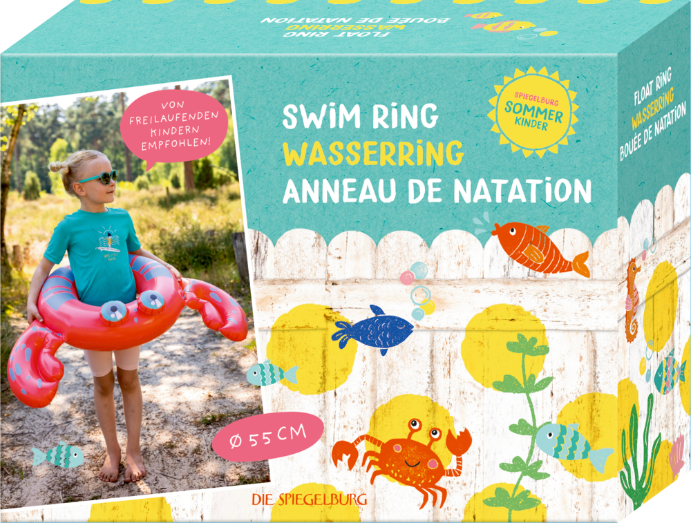 Bunte Krabben-Schwimmringbox; Kind mit Sonnenbrille hält Ring im Freien.