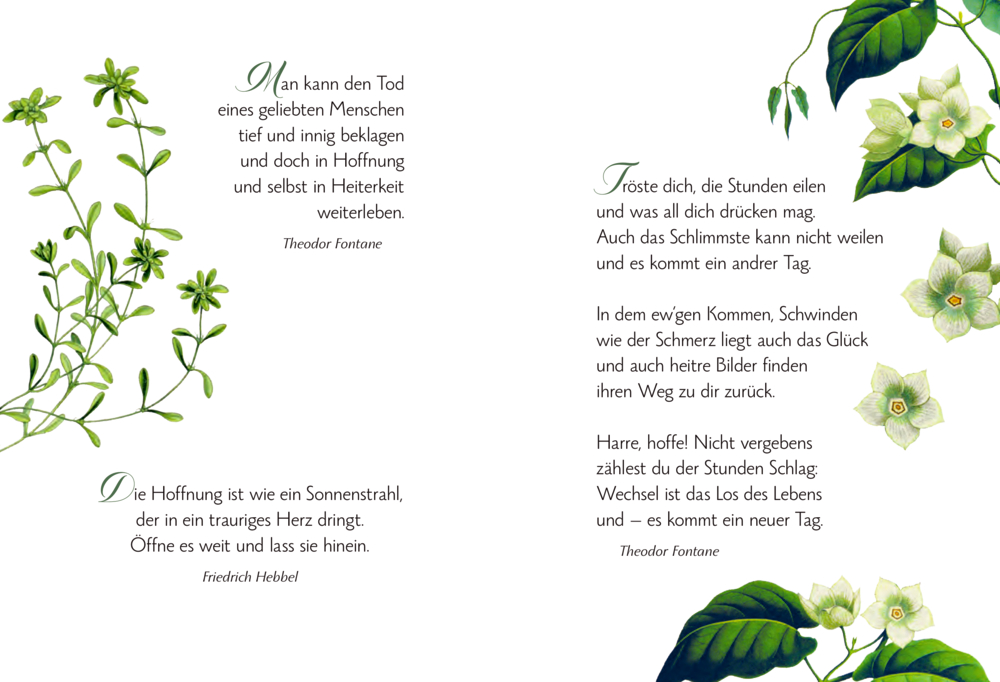 Auf zwei Seiten sind  Kondolenzgedichte mit grünen Pflanzen und weißen Blumen in den Ecken zu sehen.