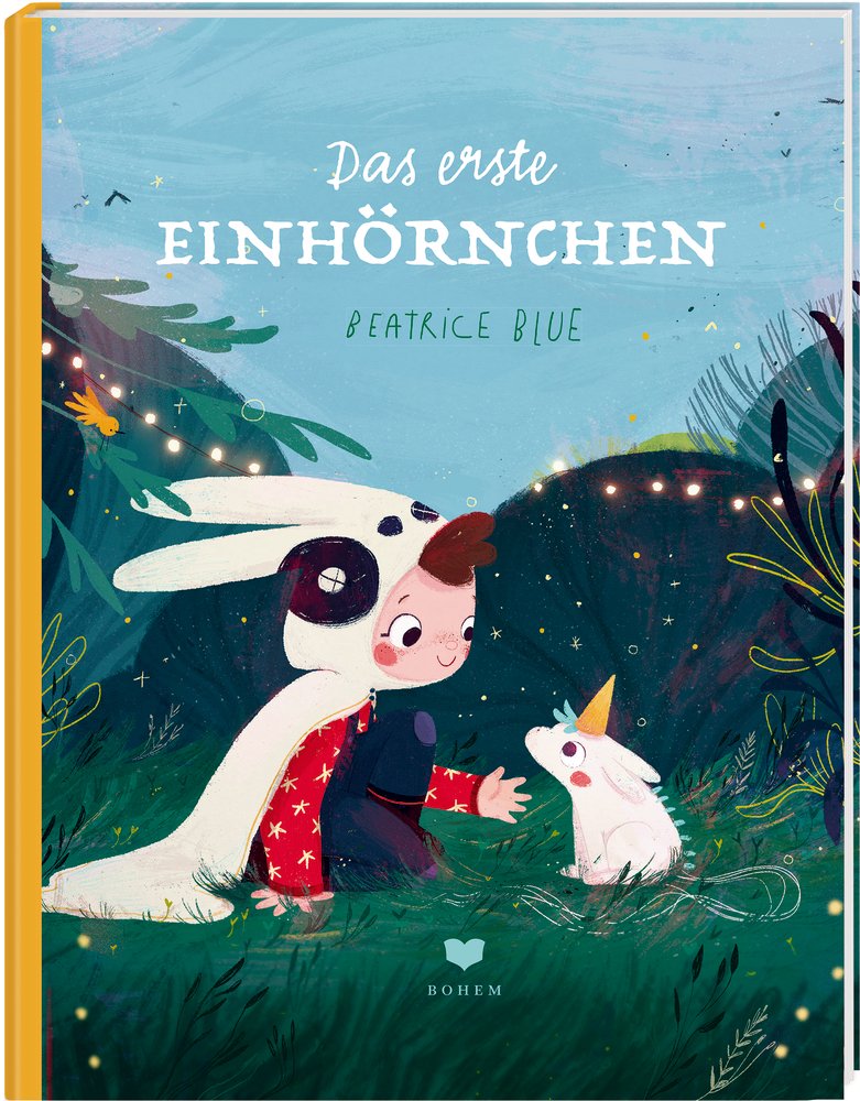 Kind im Tierkostüm trifft Einhorn im Zauberwald, Buchcover.