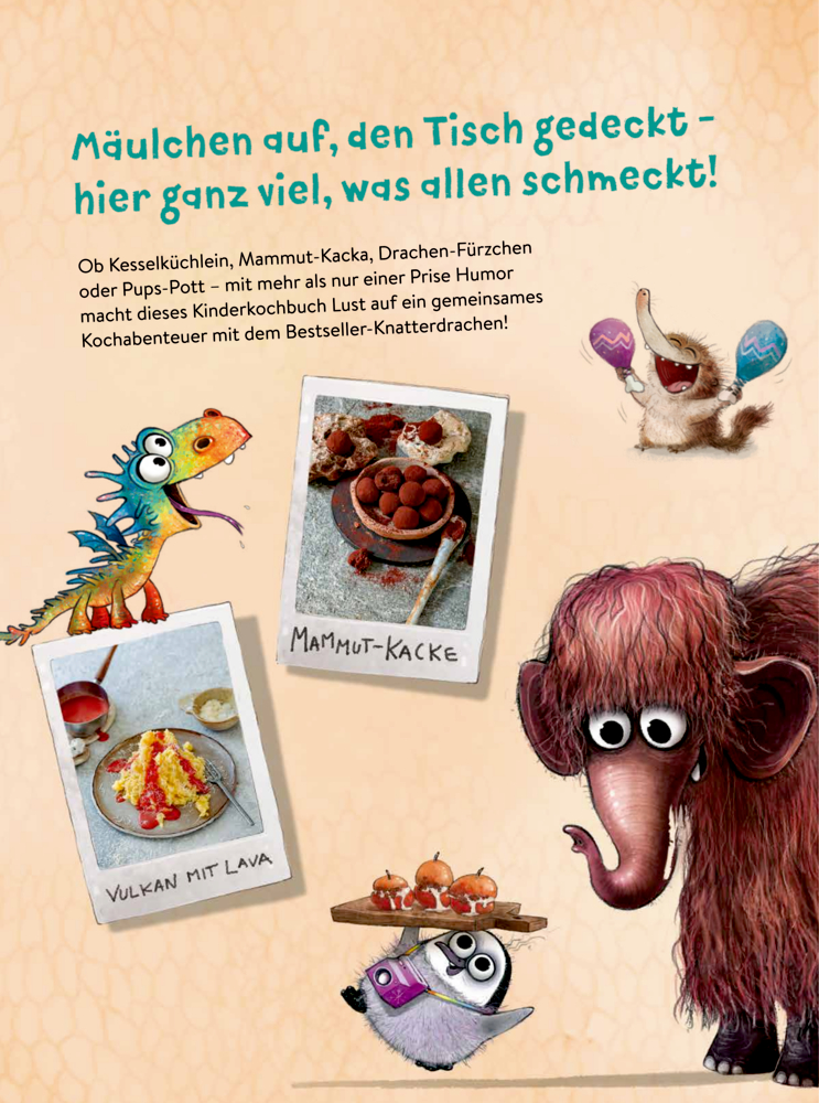 Verspielte Kinderkochbuchseite mit bunten Tieren und lustigen Essensfotos.