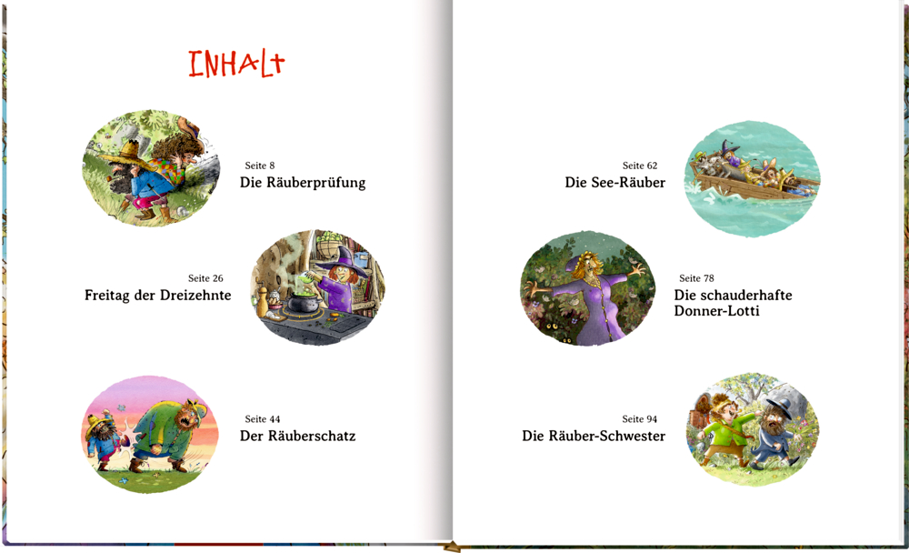 Kinderbuch-Inhaltsseite: Sechs illustrierte Geschichten in bunten Kreisen mit Titeln.