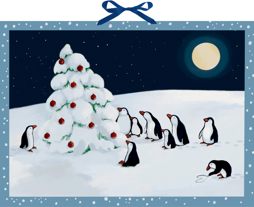 Neun Pinguine versammeln sich im Winter um einen verschneiten, mit roten Kugeln geschmückten Tannenbaum im Mondlicht.
