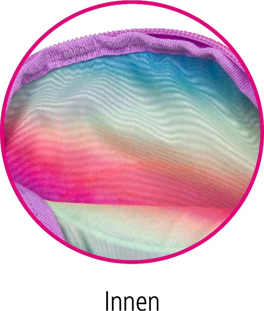 Bunte Stoffinnenseite mit Farbverlauf in Rosa, Türkis und Weiß, eingefasst mit lilafarbenem Rand.