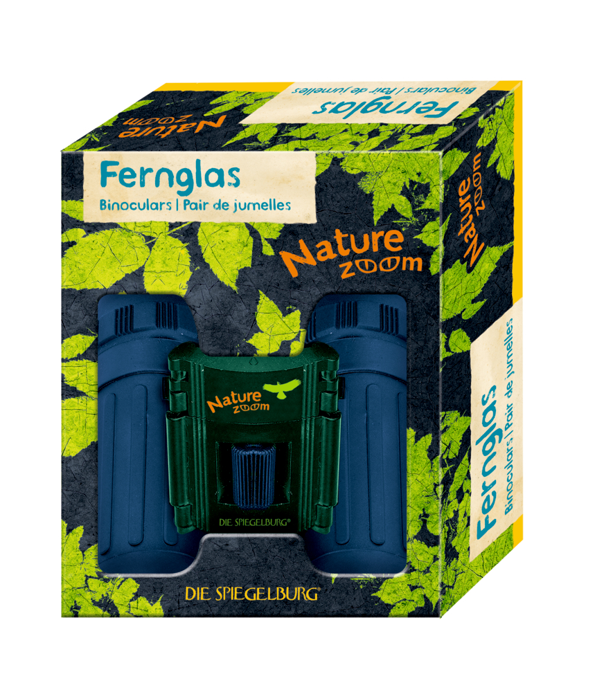 Nature Zoom Fernglasbox mit grün-gelbem Blattdesign und deutschem, englischem und französischem Text.