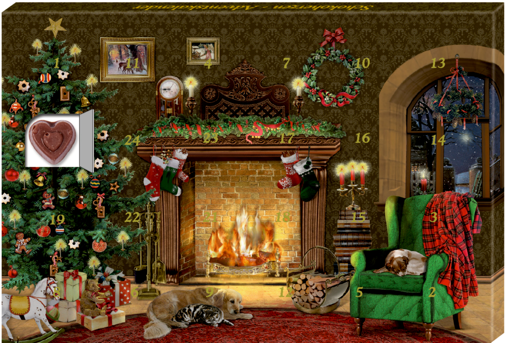 Weihnachtlich dekorierter Kamin mit Tannenbaum, Geschenken, schlafenden Tieren und grünem Sessel, im Adventskalenderdesign.