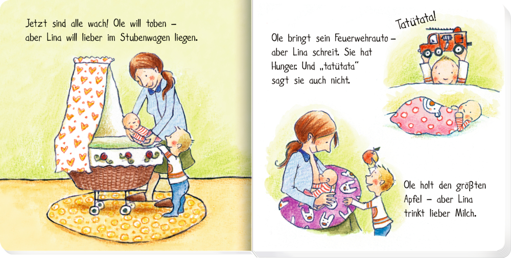 Eine Frau betreute ein Baby in der Wiege, während ein Kind mit einem Spielzeugauto auf dem Teppich spielte, auf einer Doppelseite mit Text.