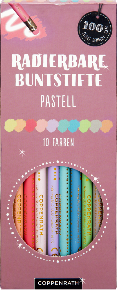 Schachtel mit 10 radierbaren Pastellbuntstiften, beschriftet mit „Radierbare Buntstifte“. Marke Coppenrath.