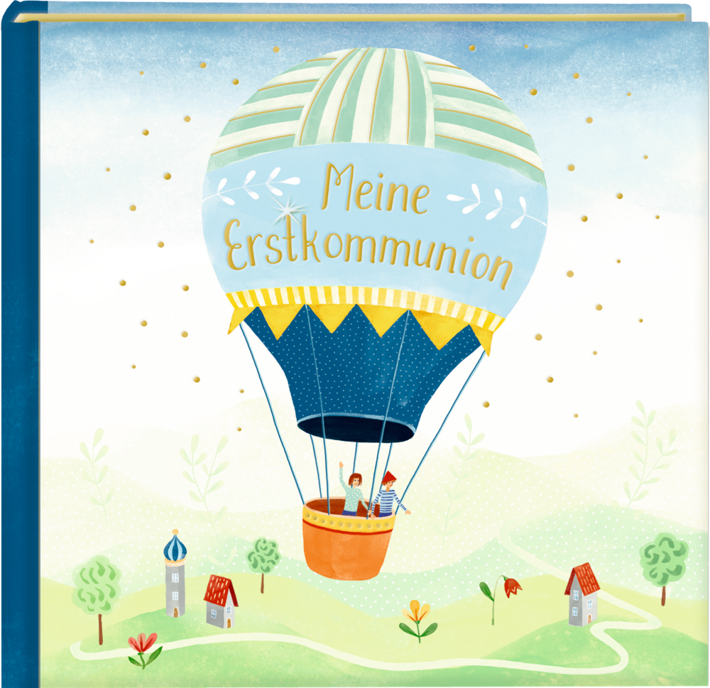 Buchcover: Heißluftballon über einem malerischen Dorf mit dem Text „Meine Erstkommunion“ darüber.