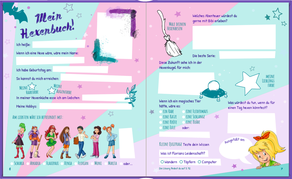 Doppelseite eines Kinder-Freundebuchs in Rosa und Türkis mit Feldern zum Ausfüllen, Zeichnen und Figuren aus der Serie „Bibi Blocksberg“.