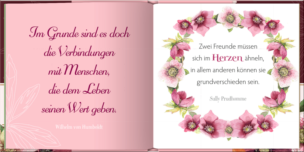 Offenes Buch mit rosa Blumenrändern und eleganten Freundschaftszitaten in Schreibschrift auf beiden Seiten.