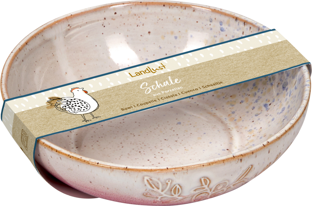 Vorder- und Rückseite einer creme-weißen Keramikschale mit Blumengravur.