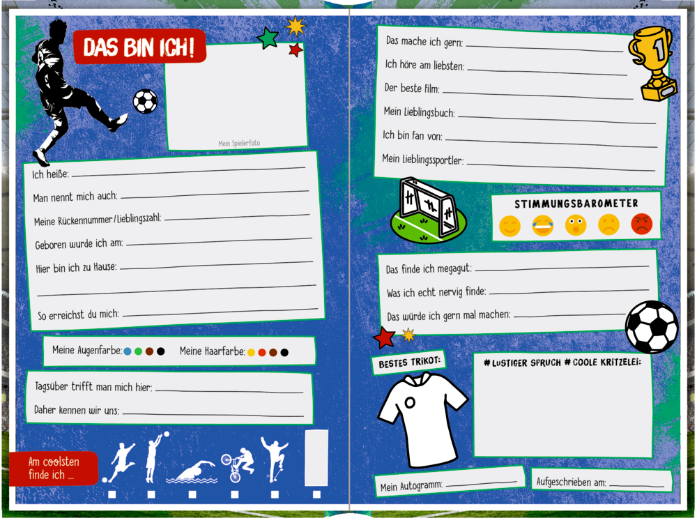 Profilseite zum Ausfüllen für persönliche Angaben zum Thema Fußball, verspielten Illustrationen und einer Trophäe.