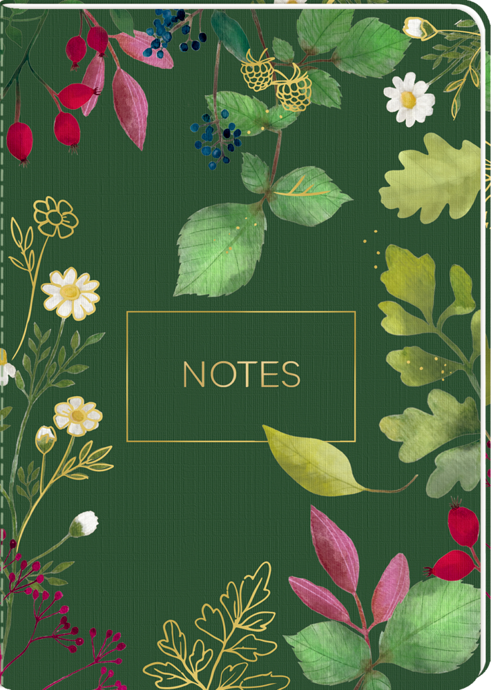 Grünes Notizbuch mit floralen und blättrigen Illustrationen in verschiedenen Farben und goldener Aufschrift „NOTES“ auf dem Einband.