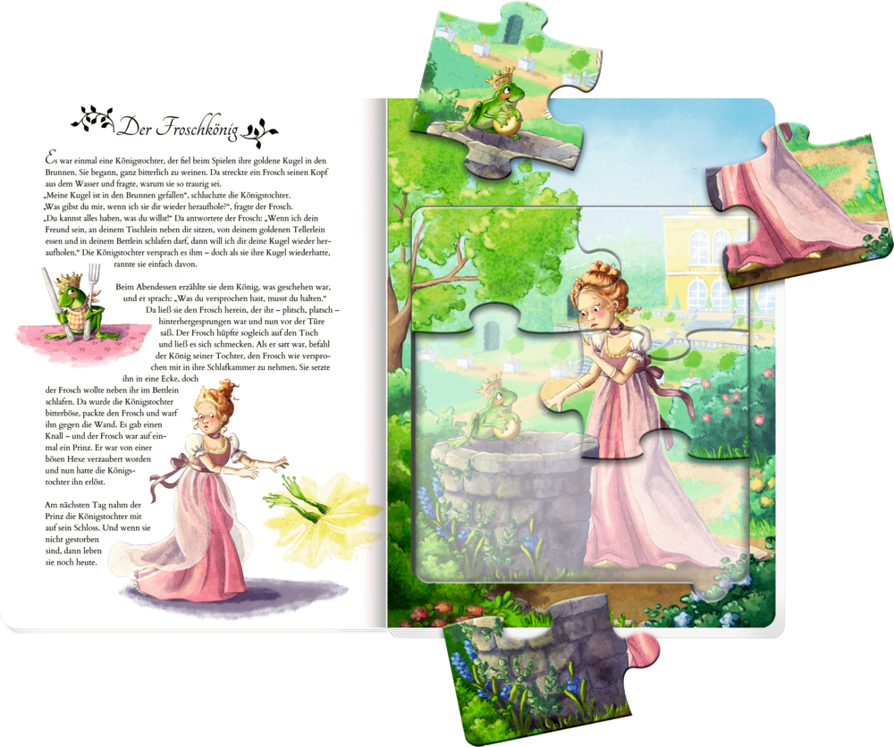 Aufgeschlagenes Kinderbuch mit Puzzle, zeigt Prinzessin mit goldener Kugel am Brunnen und Frosch davor.