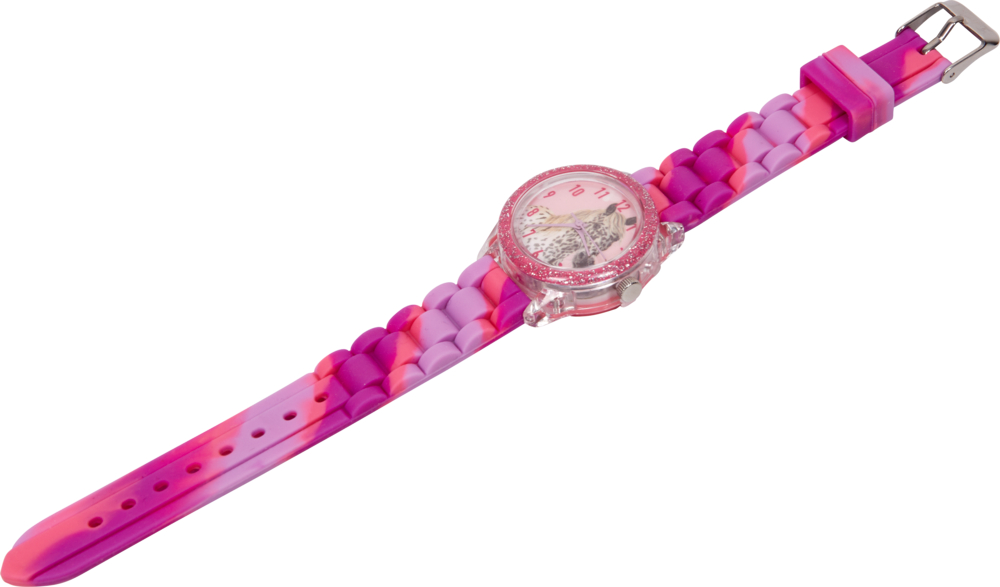 Rosa-violette Kinderarmbanduhr mit gemustertem Armband und rundem Zifferblatt mit einer Pferde-Zeichentrickfigur.