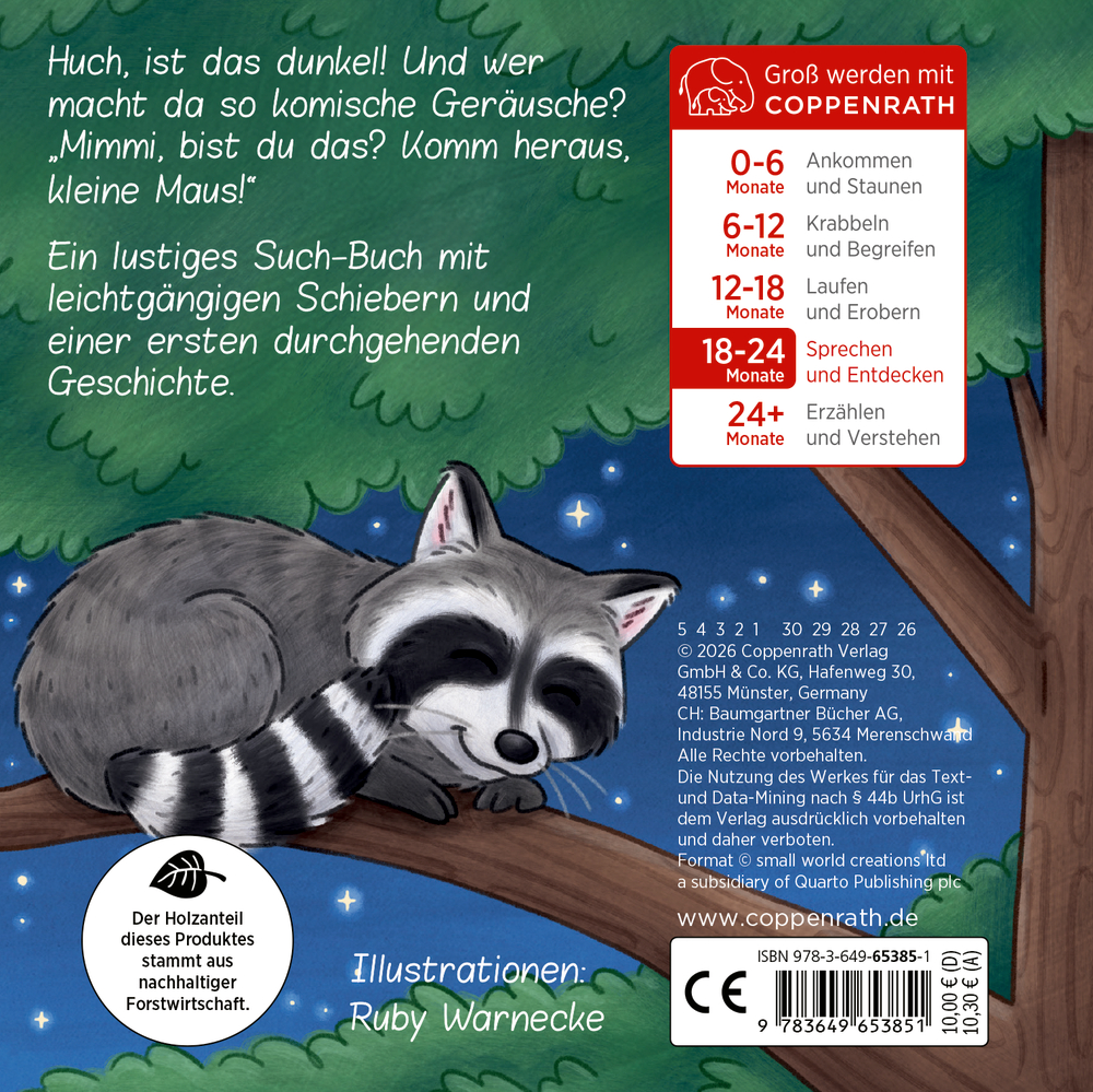 Buchrückseite mit schlafendem Waschbär auf einem Ast vor dunkelblauem Sternenhimmel.