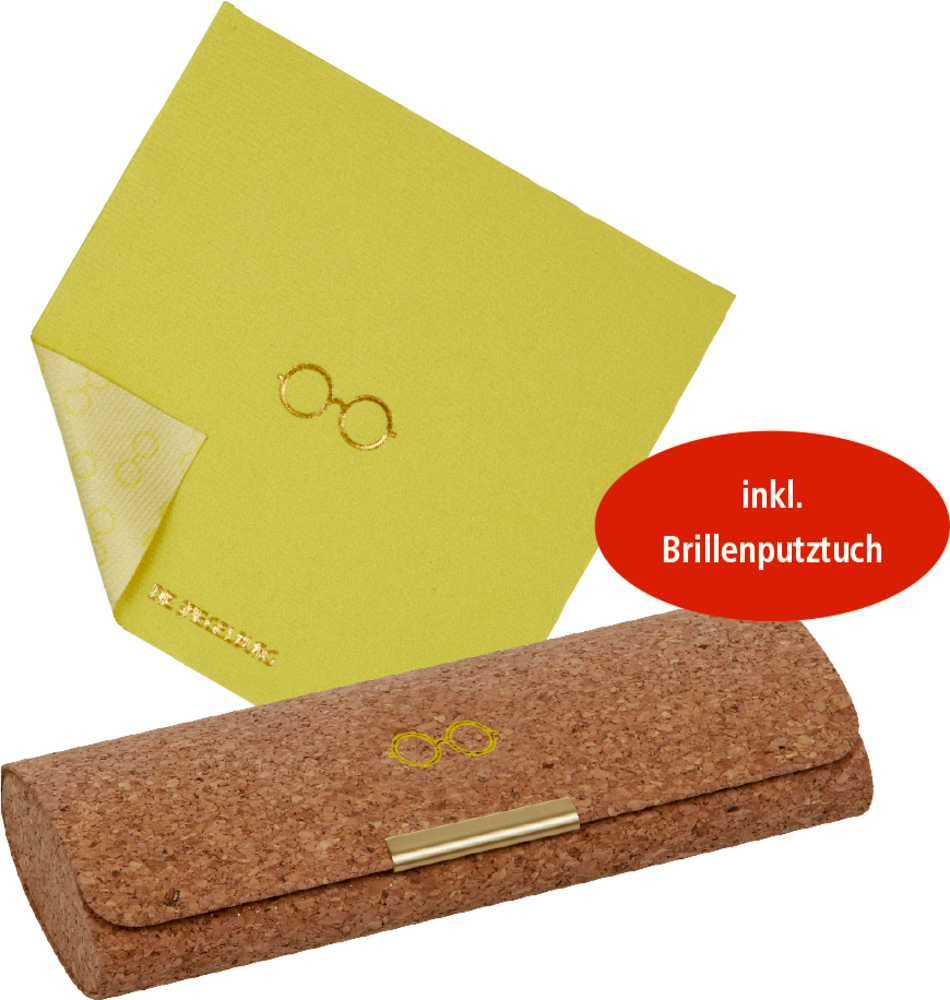 Gelbgrünes Putztuch und Kork-Brillenetui mit goldenem Verschluss. Beides mit goldenem Brillensymbol.