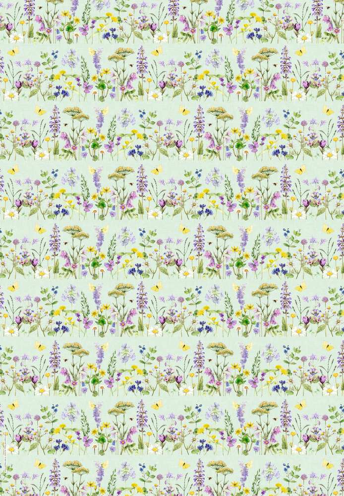 Bunte Wildblumen und üppiges grünes Laub bilden ein sich wiederholendes Muster auf einem blassen Hintergrund.