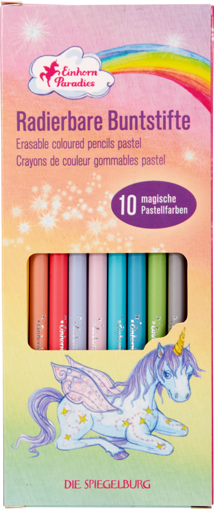 Schachtel mit 10 radierbaren Buntstiften in Pastellfarben mit Verpackung zum Thema Einhörner und Regenbogen.