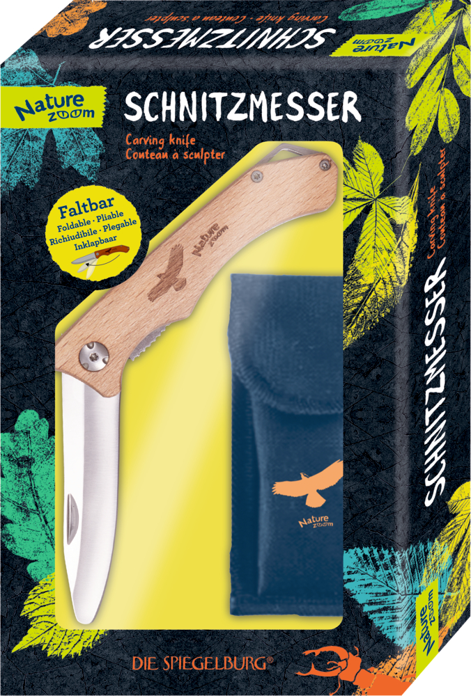 Halb aufgeklapptes Messer mit Holzgriff und Stoffetui in einer Pappschachtel mit Sichtfenster.