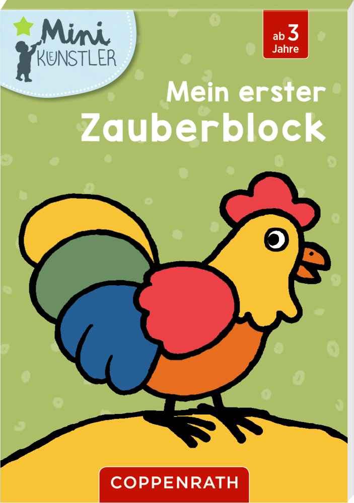 Cover eines grÃ¼nen Zauberblocks mit einem bunten Hahn.