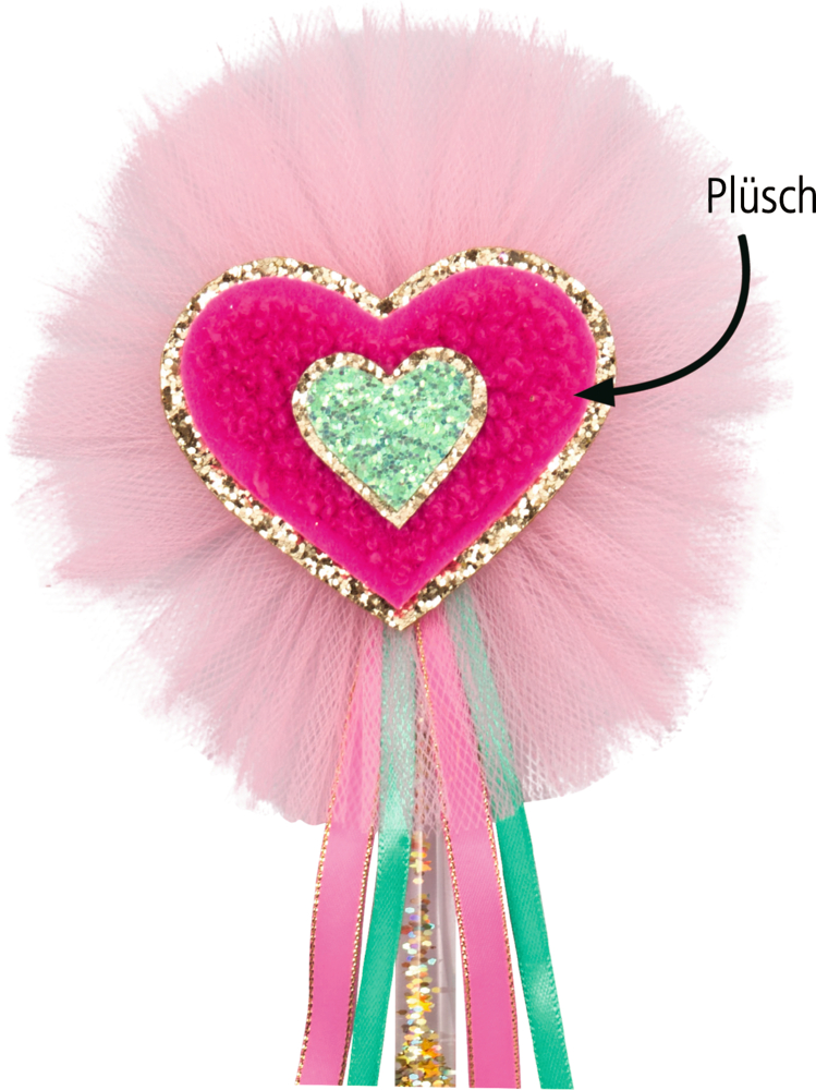 Rosa Tüll mit pinkem Herz, grün glitzerndem Innenherz, goldener Umrandung und herabhängenden Bändern in Rosa und Türkisen.