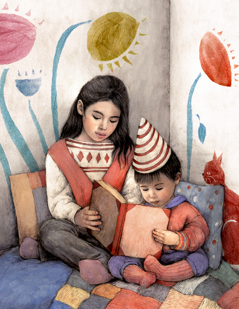 Ein älteres Mädchen liest einem jüngeren Kind mit Partyhut ein Buch vor, im Hintergrund ist bunte Wandkunst zu sehen.