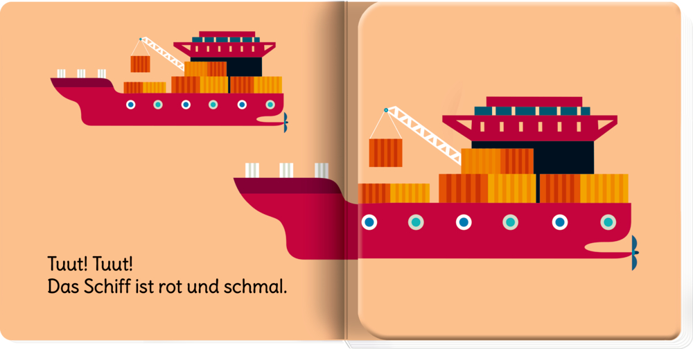 Innenseite mit langem rotem Frachtschiff mit orangefarbenen Containern und einem Kran.