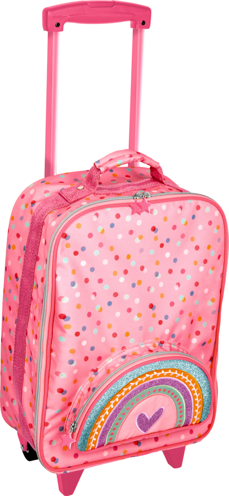 Rosafarbener Kindertrolley mit Punkten, Regenbogenmotiv und einem Herzen auf der Vordertasche.