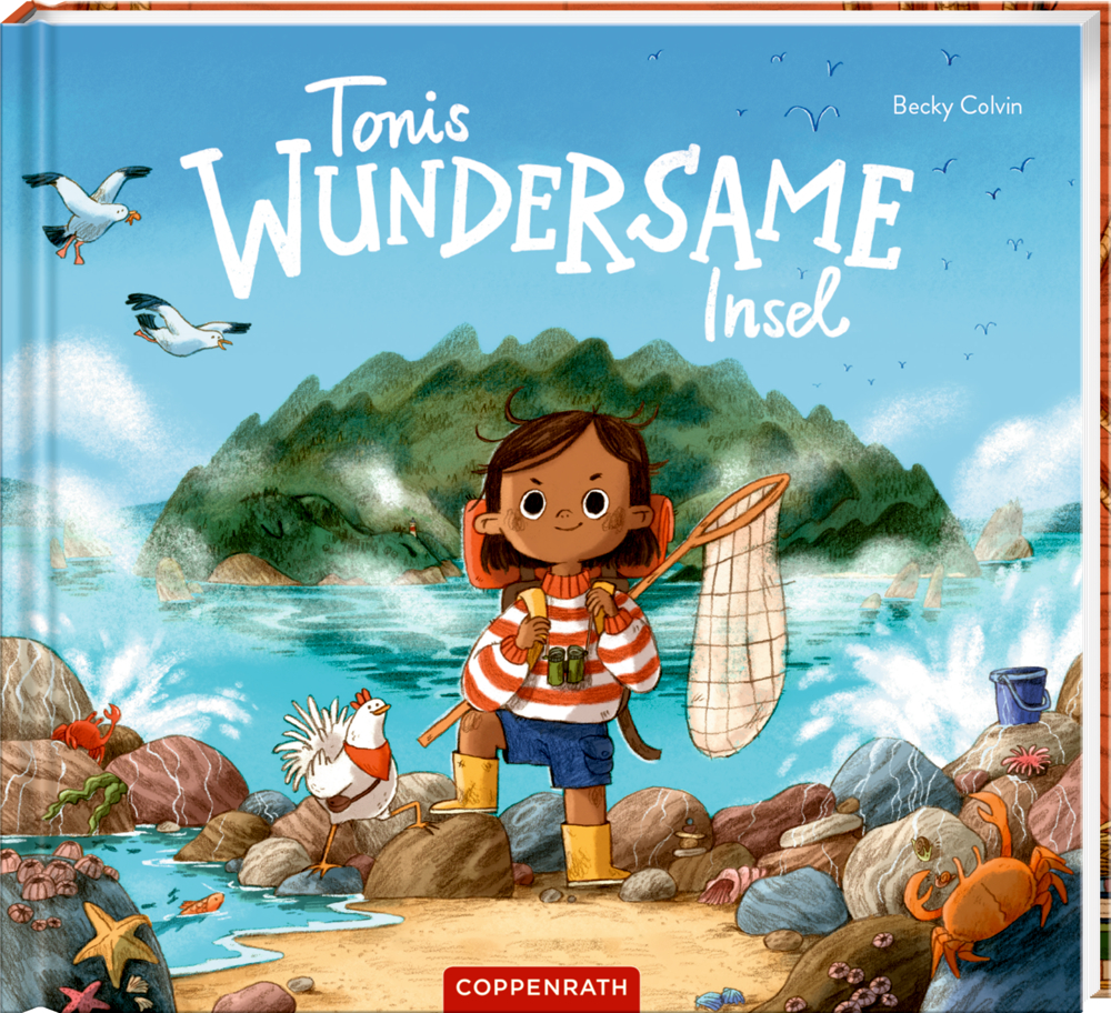 Buchcover mit Illustration eines Kindes, das mit Fernglas und Kescher auf einem Felsen am Meer steht. Dahinter eine grüne Insel.