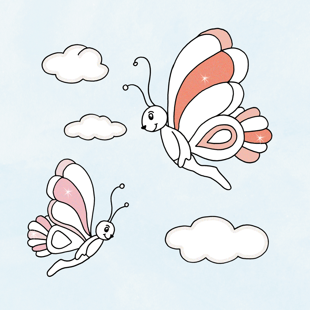 Zwei gezeichnete Schmetterlinge mit rosa Flügeln fliegen zwischen weißen Wolken auf hellblauem Hintergrund.
