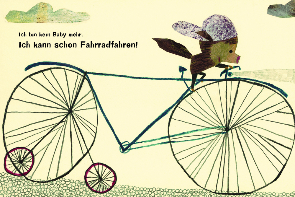Ein kleines Tier fährt ein großes Fahrrad mit dem Text: Ich kann schon Fahrrad fahren!.