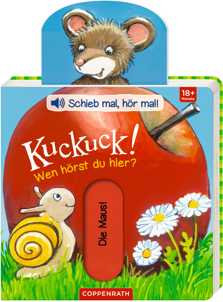 Maus im roten Apfel, Schnecke auf Gras mit Gänseblümchen. Titel: „Wen hörst du hier?“.