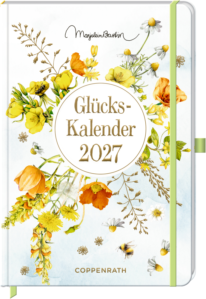 2027 Glücks-Kalender Planer mit gelben Blumen, Bienen und grünen Akzenten auf weißem Umschlag.